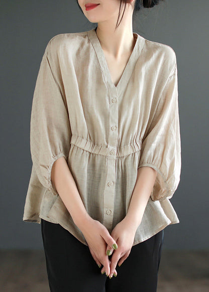 Light Camel V Neck Button Linen Blouses Summer