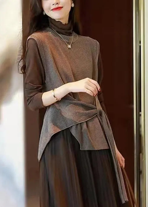 Chocolate O-neck Asymmetrical Design Thick Knit Vest Sleeveless