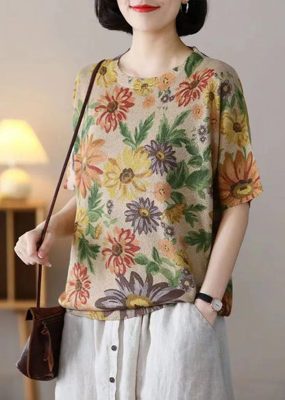 Floret Print Patchwork Cotton Knit T Shirts O-neck Summer