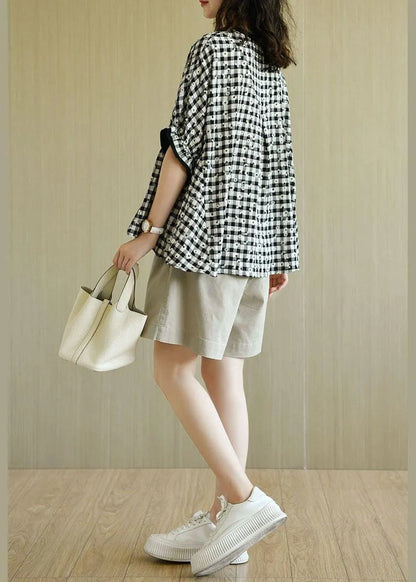 Fitted Black White Plaid O-neck Print Summer Top Half Sleeve