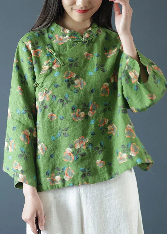 Green Print Mandarin Collar Oriental Button Linen Top Spring