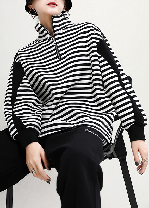 Unique Black White Striped Loose Zippered Patchwork Fall Long Sleeve Top