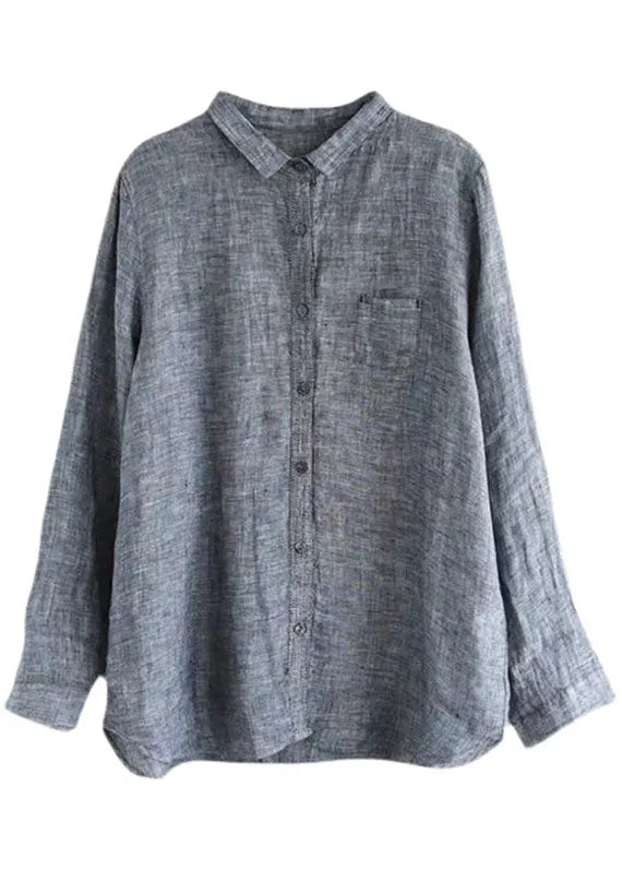 Handmade Grey Peterpan Collar Button Fall Blouses Long Sleeve