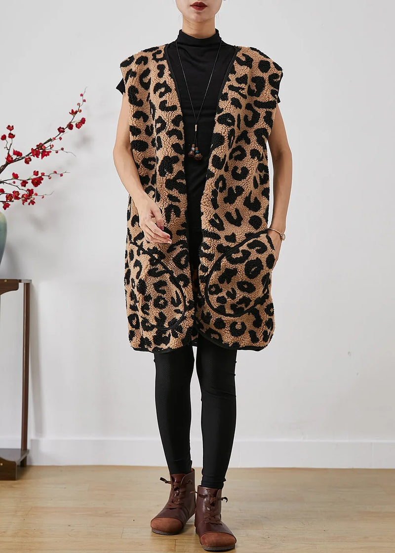 Leopard Print Pockets Faux Fur Teddy Vest Fall