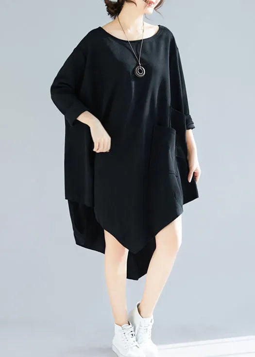Black Asymmetrical Patchwork Applique Cotton Long Tops Spring
