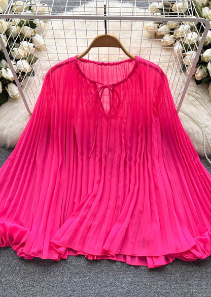 Rose O Neck Wrinkled Patchwork Chiffon Blouse Tops Summer