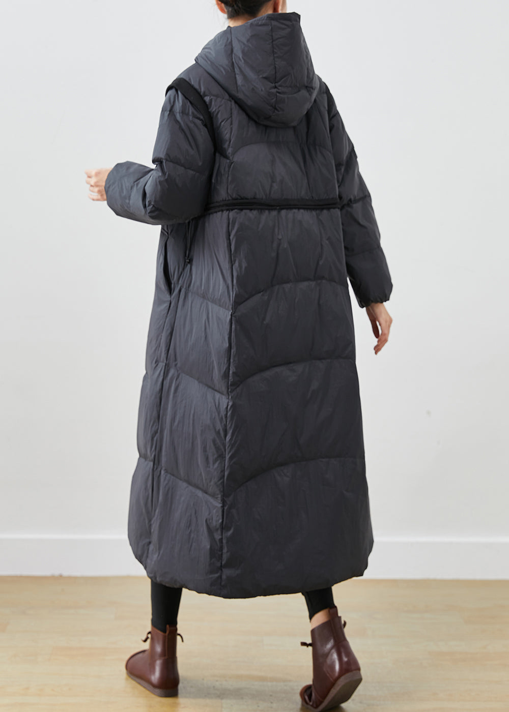 Black Cinched Big Pockets Duck Down Down Coat Winter