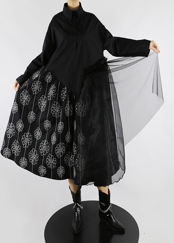 Black Peter Pan Collar Print Tulle Patchwork Shirt Dresses Spring