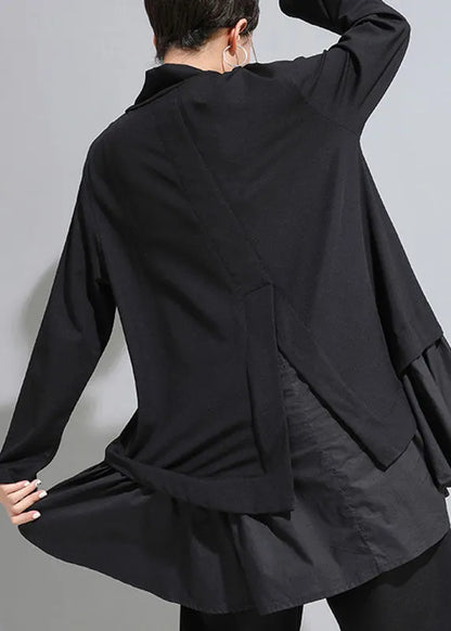 Black Asymmetrical Patchwork Ruffles Fall Top Long Sleeve
