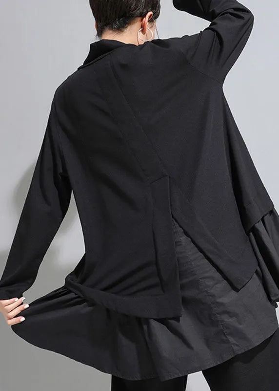 Black Asymmetrical Patchwork Ruffles Fall Top Long Sleeve