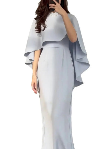Slim Fit Light Blue Silk Shawl Waist Cinched Dress Summer