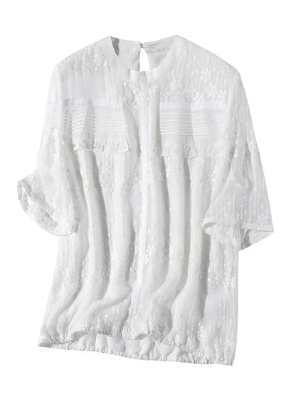 White O-neck Embroideried Ruffled Silk Shirts Short Sleeve