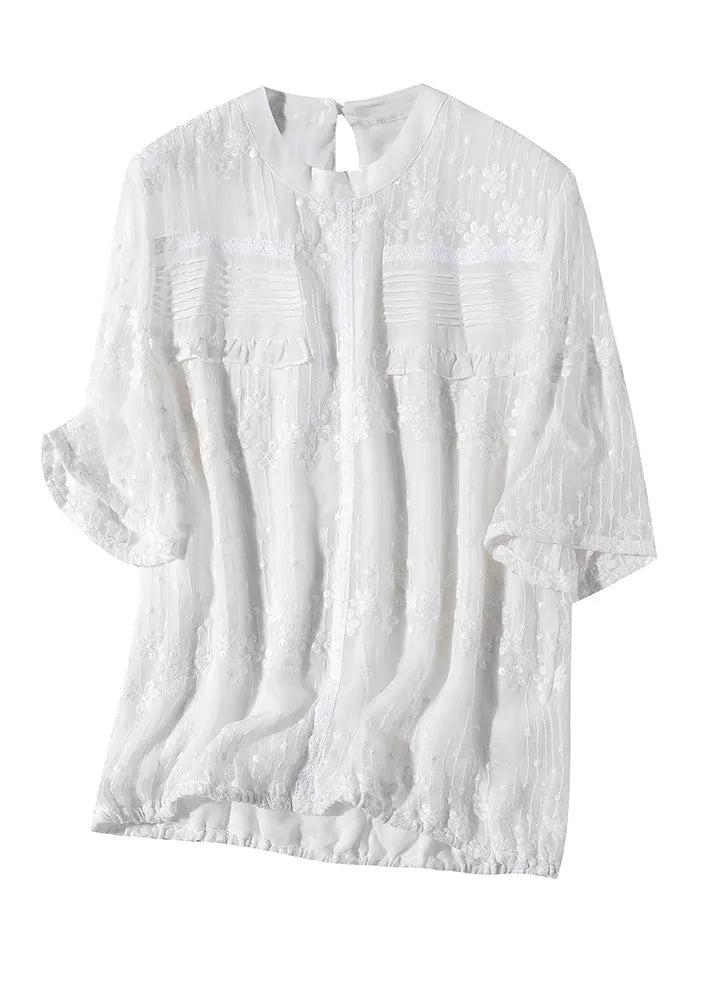 White O-neck Embroideried Ruffled Silk Shirts Short Sleeve