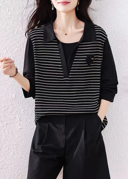 Original Black Peter Pan Collar Striped Patchwork Cotton Shirt Fall