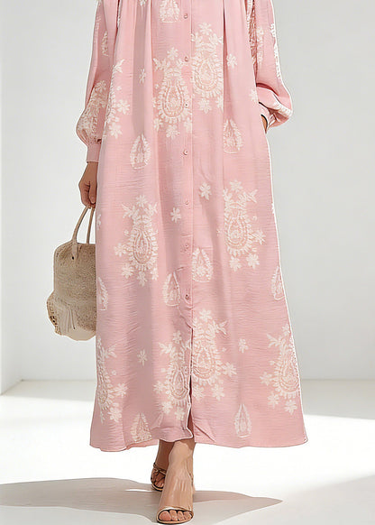 Pink Wrinkled Butto Long Dress Spring
