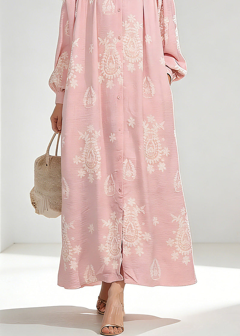 Pink Wrinkled Butto Long Dress Spring