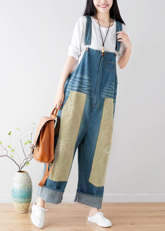 Natural Blue Pockets Patchwork Denim Jumpsuits Spring