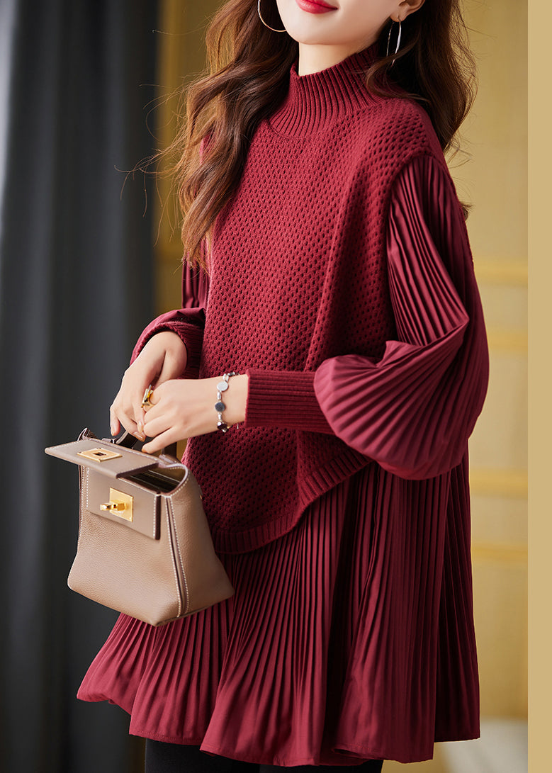Red High Neck Patchwork Knit Pleated Shirts Spring