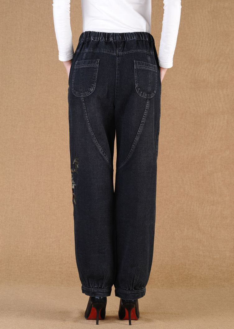 Black Grey Elastic Waist Embroideried Pockets Cotton Denim Lantern Pants Summer