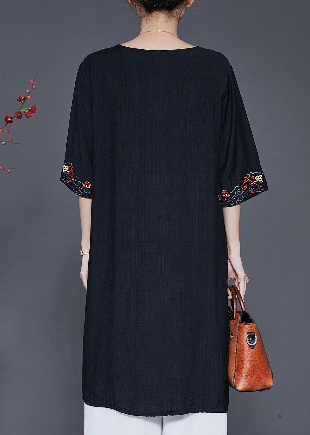 Black Embroidered Oversized Linen Dress Summer