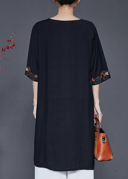 Black Embroidered Oversized Linen Dress Summer