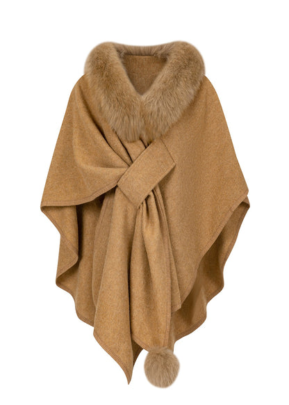 New Brown Fox Fur Grass Shawl Woolen Coat Cloak Bat Sleeve