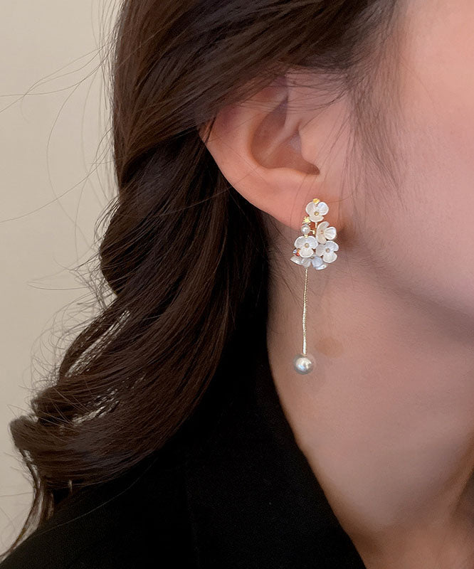 Classy White Overgild Zircon Pearl Tassle Drop Earrings