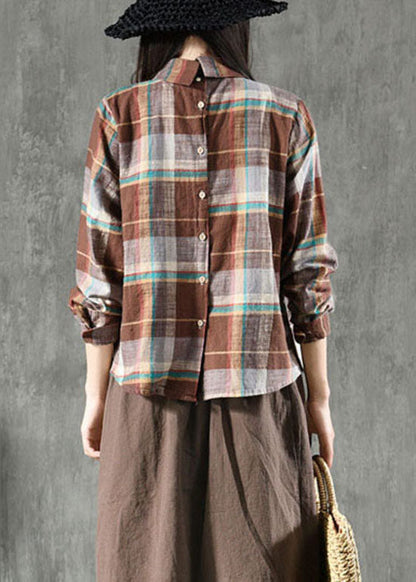 Coffee Plaid Peter Pan Collar Patchwork Linen Blouse Tops Spring