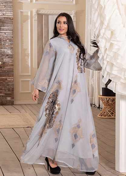White Stand Collar Embroideried Sequins Tulle Maxi Dresses Long Sleeve Spring