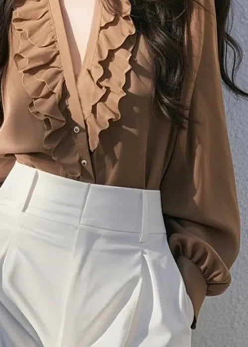 Classy Coffee V Neck Ruffled Button Cotton Shirt Fall