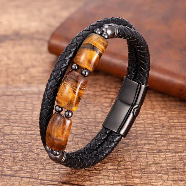 Buddha Stones Natural Tiger Eye Protection Willpower Magnetic Buckle Leather Bracelet