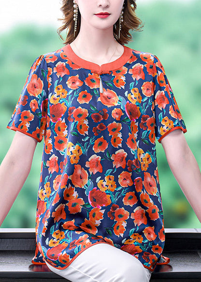 Boutique Red O-neck Oriental Button Print Silk Tank Short Sleeve