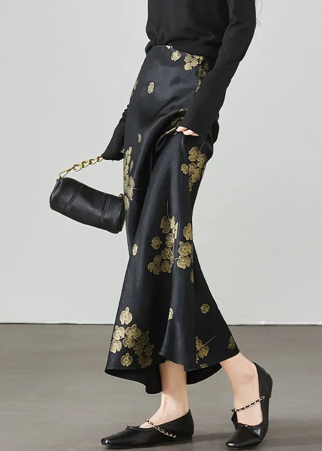 New Black Print High Waist Silk Skirt Summer