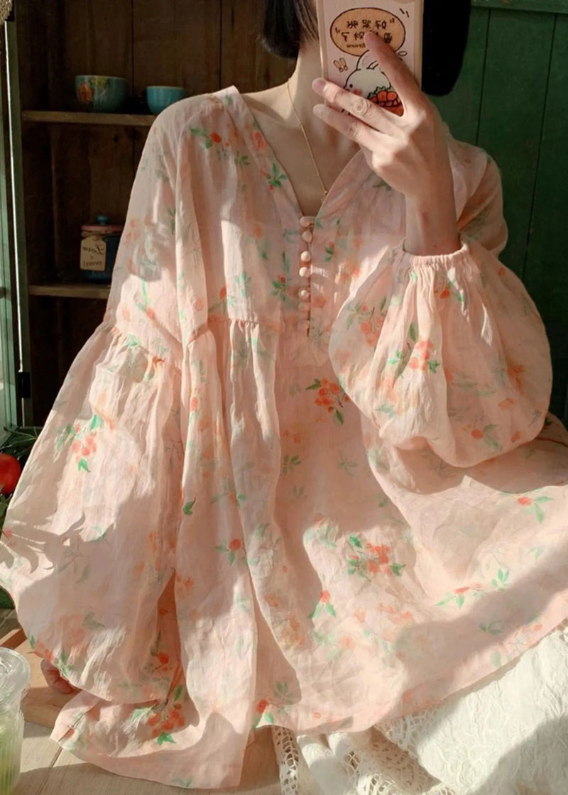 Pink V Neck Button Print Patchwork Cotton Top Lantern Sleeve