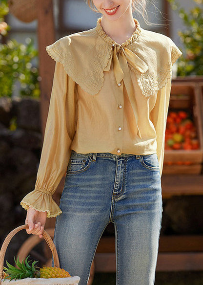 Yellow Sailor Collar Patchwork Shirts Lantern Sleeve