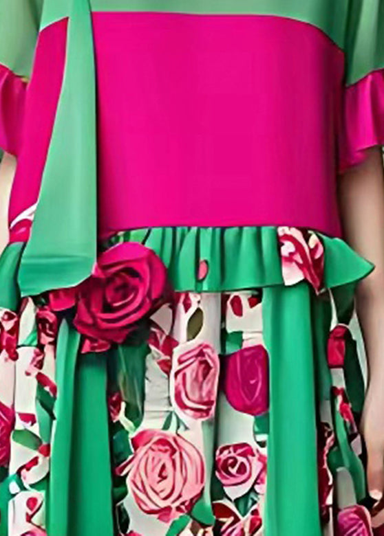 French Green O-neck Ruffled Patchwork Chiffon Mid Dress Summer