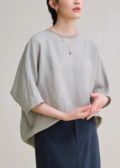 Grey Oversized Linen Top O Neck Summer
