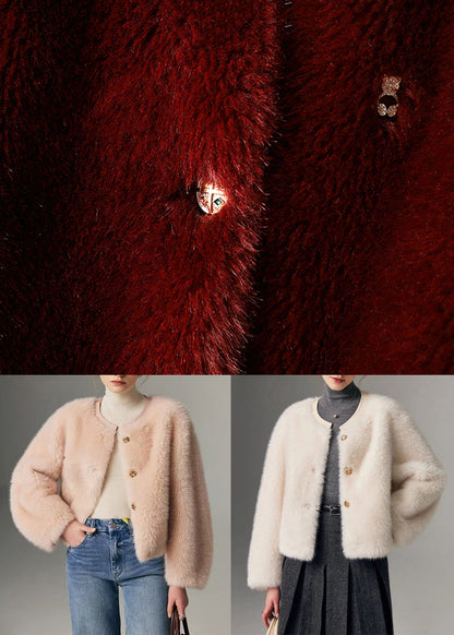 Italian Pink O Neck Button Leather and Fur Coat Winter