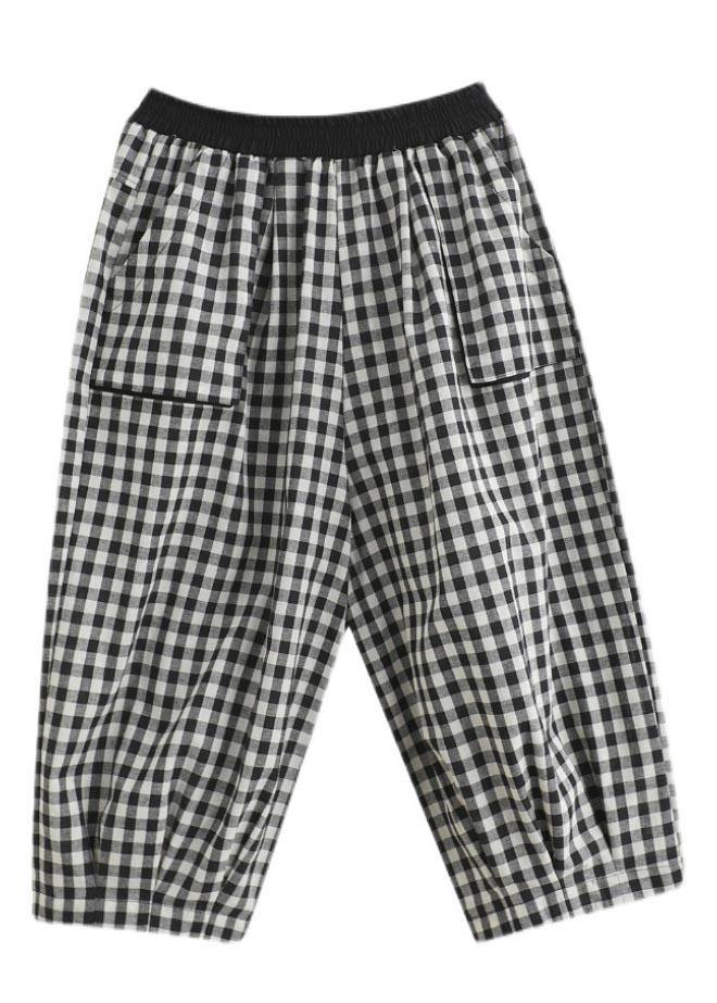 Plaid Elastic Waist Harem Pants Summer Cotton Linen