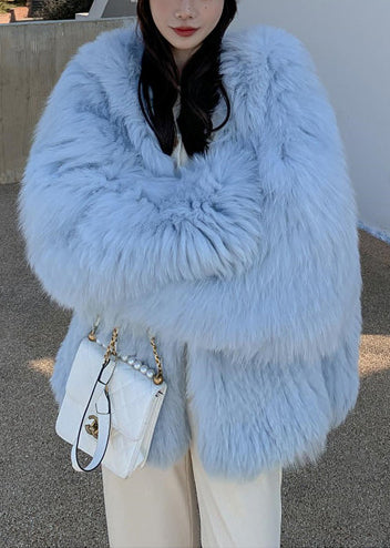 Blue Oversized Hooded Fox Fur Coats Winter
