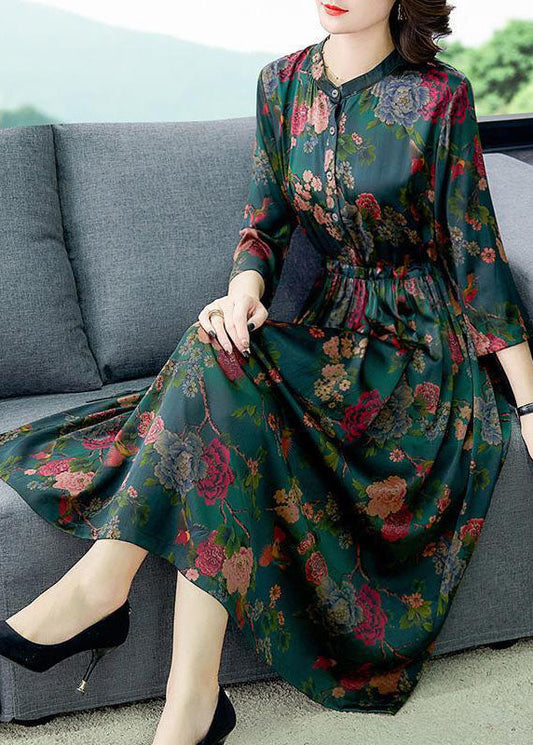 Green Cinched Print Silk Dresses Bracelet Sleeve