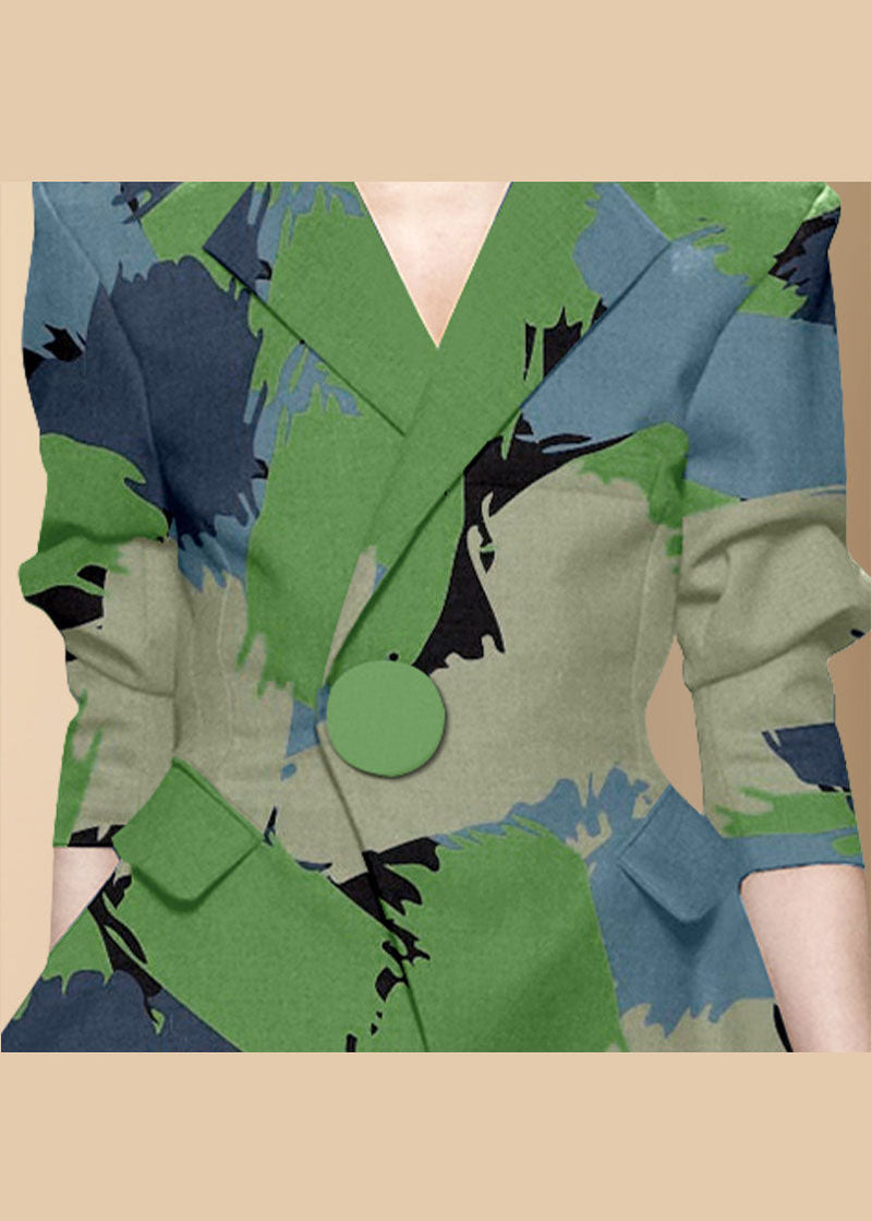 Green Button Peter Pan Collar Print Western-style Clothes Coat Long Sleeve