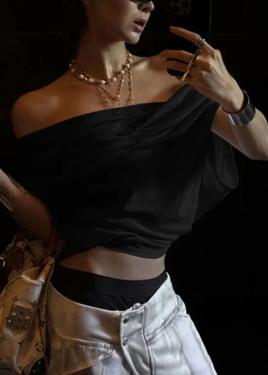 White Slash Neck Asymmetrical Cotton T Shirt Tops Summer