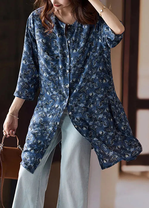 Loose Blue Print Side Open Chiffon Shirts Bracelet Sleeve