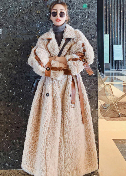 Apricot Notched Patchwork Button Thick Tie Waist Faux Fur Long Parka Coats Winter