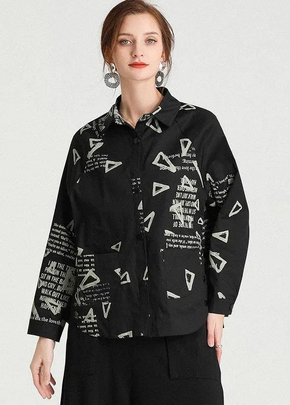 Black Peterpan Collar Pockets Fall Cotton Shirt Tops Long Sleeve