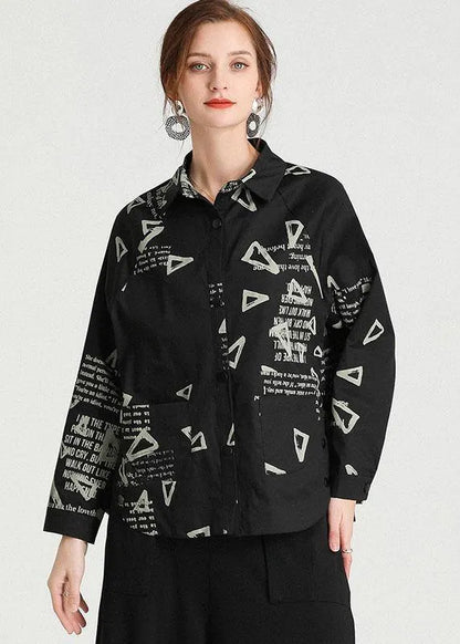 Black Peterpan Collar Pockets Fall Cotton Shirt Tops Long Sleeve