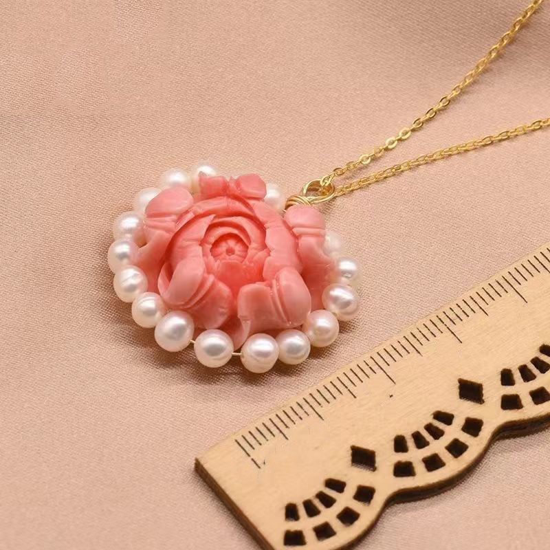 Stylish Red Sterling Silver Overgild Pearl Pendant Necklace