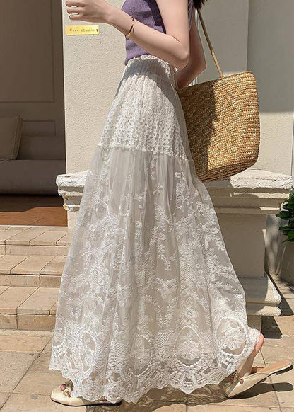 Simple Apricot Hollow Out Lace Elastic Waist Tulle Skirts Summer