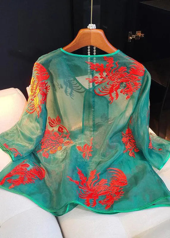 Original Green Embroidered Silk Blouses Long Sleeve
